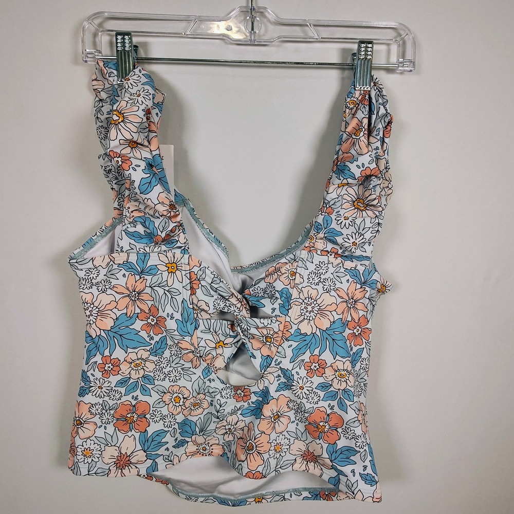 EoMenie Women's Floral Ruffle Tankini Set Blue 2‎ Piece Swimsuit Size L NWT